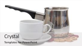  Presentation with container pots - Beautiful PPT theme featuring porcelain cup and metal pots backdrop and a  colored foreground