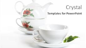  Presentation with teapot - Audience pleasing presentation theme consisting of porcelain cup and teapot on white background backdrop and a white colored foreground