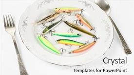  Presentation with porcelain - Slides enhanced with porcelain plate with plastic fishing lures isolated on white artificial food concept or just fishing theme background and a white colored foreground