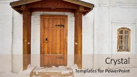  Presentation with old wooden door antique - Presentation enhanced with porch with wooden canopy entrance background and a coral colored foreground