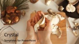  Presentation with mushroom - PPT theme featuring woman holding fresh mushroom background and a coral colored foreground