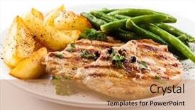  Presentation with steaks - Cool new PPT theme with pork - grilled steaks baked potatoes backdrop and a coral colored foreground
