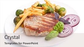  Presentation with brussels - Colorful theme enhanced with pork chops with french fries and brussels sprouts backdrop and a mint green colored foreground