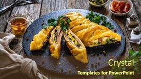  Presentation with puff pastry - Slide set having pork-ham-with-cooked-leek background and a tawny brown colored foreground