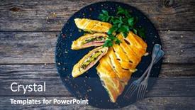  Presentation with puff pastry - Presentation design consisting of pork-ham-with-cooked-leek background and a ocean colored foreground