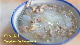  Presentation with intestine - Presentation consisting of pork-intestine-rice-flat-noodle background and a coral colored foreground