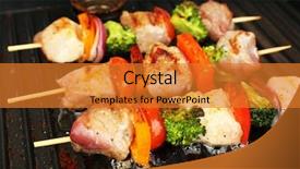  Presentation with food grill - Presentation theme featuring pork kebab on grill close background and a gold colored foreground