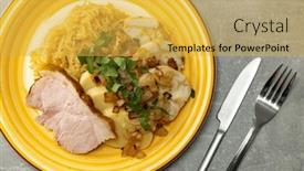  Presentation with onion - Presentation theme featuring pork-meat-with-potato-dumplings background and a yellow colored foreground