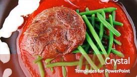  Presentation with dark green - Beautiful PPT theme featuring pork medallion served on tomato sauce with green peas on dark plate isolated on white background backdrop and a crimson colored foreground