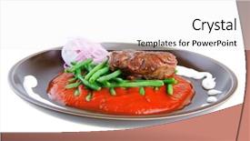  Presentation with dark green - PPT layouts having pork medallion served on tomato sauce with green peas on dark plate isolated on white background background and a white colored foreground
