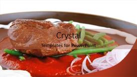  Presentation with dark green - Colorful slides enhanced with pork medallion served on tomato sauce with green peas on dark plate isolated on white background backdrop and a red colored foreground