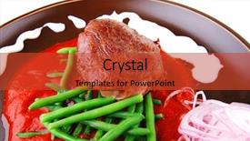  Presentation with dark green - Beautiful presentation featuring pork medallion served on tomato sauce with green peas on dark plate isolated on white background backdrop and a red colored foreground