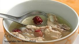  Presentation with pork rib - Colorful PPT theme enhanced with pork rib soup traditional chinese cuisine clear broth backdrop and a coral colored foreground