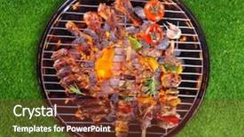  Presentation with ribs - PPT layouts consisting of pork ribs chicken legs skewers and vegetable served on grill green lawn on background background and a tawny brown colored foreground