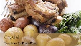  Presentation with ribs - Audience pleasing slide set consisting of pork ribs with fingerling potatoes and collard greens backdrop and a yellow colored foreground