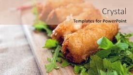  Presentation with sauce - Presentation theme having pork-spring-rolls-rice-cakes background and a coral colored foreground
