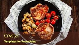  Presentation with steaks - Beautiful PPT layouts featuring pork-steaks-in-frying-pan backdrop and a tawny brown colored foreground