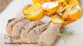  Presentation with tenderloin - Beautiful slides featuring pork tenderloin with baked turnip and rosemary on white plate backdrop and a coral colored foreground