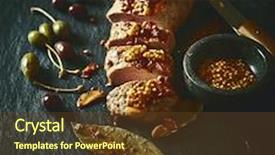  Presentation with mediterranean food - Beautiful presentation theme featuring pork tenderloin with french mustard olives and capers home made food slow cooking mediterranean cuisine backdrop and a tawny brown colored foreground