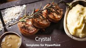  Presentation with pork bacon - Cool new PPT layouts with pork tenderloin with mashed potatos bacon and mustard sauce covered with a branch of smoking rosemary backdrop and a tawny brown colored foreground