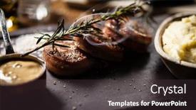  Presentation with pork bacon - Presentation theme with pork tenderloin with mashed potatos bacon and mustard sauce covered with a branch of smoking rosemary background and a tawny brown colored foreground