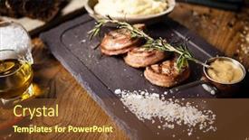  Presentation with pork bacon - Colorful PPT theme enhanced with pork-tenderloin-with-mashed-potatos backdrop and a tawny brown colored foreground