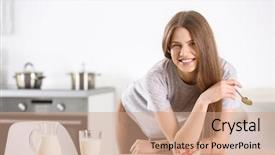  Presentation with oat milk - Cool new slide set with health women - beautiful young woman eating oat backdrop and a  colored foreground