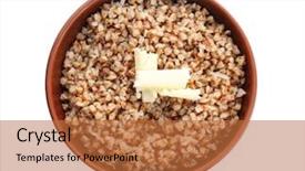  Presentation with cooked brown crab or edible - Slide set with vegan butter - bowl with cooked buckwheat background and a red colored foreground