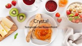  Presentation with healthy breakfast - Amazing PPT layouts having porridge strawberry nuts toast jam backdrop and a coral colored foreground