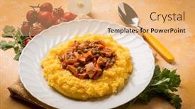  Presentation with sword - Slide deck having porridge with sword fish and peas background and a coral colored foreground