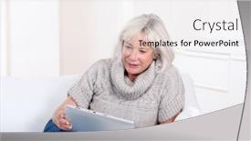  Presentation with electronic - Audience pleasing theme consisting of porrtait of senior woman using electronic tablet at home backdrop and a white colored foreground