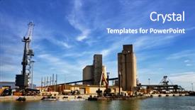  Presentation with port cargo crane ship - PPT theme with port activities commercial and maintenance background and a teal colored foreground