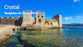  Presentation with ancient greek - Slide set enhanced with port methoni in the greek background and a cobalt blue colored foreground