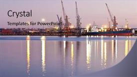  Presentation with sea port - Colorful PPT theme enhanced with port sea - commercial docks at sunset backdrop and a soft green colored foreground