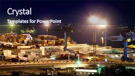  Presentation with sea port - Audience pleasing PPT theme consisting of port warehouse with cargoes backdrop and a navy blue colored foreground