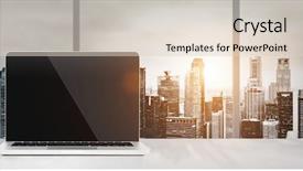  Presentation with laptop blank screen - Presentation theme having go electronic - laptop on table in office background and a lemonade colored foreground