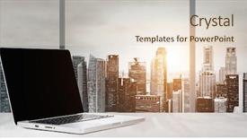  Presentation with laptop blank screen - Colorful slide set enhanced with go electronic - laptop on table in office backdrop and a lemonade colored foreground