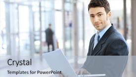  Presentation with indoor location - Audience pleasing slides consisting of young smiling businessman using laptop on corporate location indoor backdrop and a light blue colored foreground