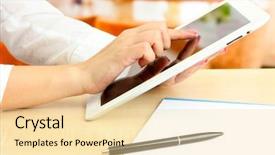  Presentation with female office graphics - Amazing PPT theme having portable devices - female office worker using digital backdrop and a blonde colored foreground