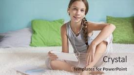  Presentation with teen girl - Slide deck enhanced with portable devices - pre teen girl is relaxing background and a coral colored foreground