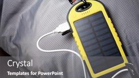  Presentation with solar cell - Audience pleasing PPT theme consisting of portable-solar-cell-for-nature backdrop and a gray colored foreground