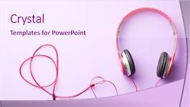  Presentation with headphones - Colorful presentation enhanced with portable speakers - red headphones on violet background backdrop and a sky blue colored foreground