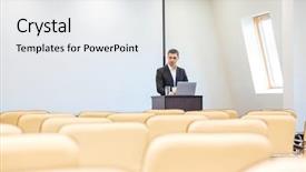  Presentation with speech delay - PPT layouts with portable speakers - thoughtful businessman writing speech background and a sky blue colored foreground