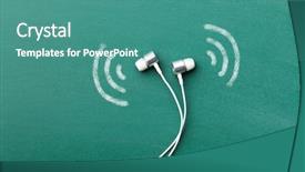  Presentation with green chalkboard - Presentation design consisting of portable speakers - white earphones on green chalkboard background and a teal colored foreground