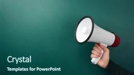  Presentation with pcos woman - Presentation featuring portable speakers - woman holding megaphone near chalkboard background and a ocean colored foreground