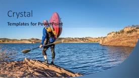  Presentation with kayak - Colorful presentation design enhanced with portaging-and-launching-kayak backdrop and a light blue colored foreground