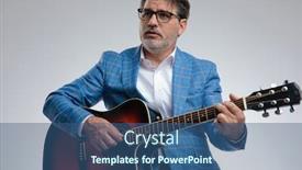  Presentation with business guitar - Cool new slide set with portarit of an attractive formal business man wearing a light blue suit and eyeglasses sitting and playing his guitar while singing and looking away pensive against gray studio background backdrop and a ocean colored foreground