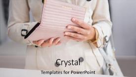  Presentation with boutique - Slide set having portefeuille - woman opening her wallet background and a light gray colored foreground
