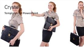  Presentation with portfolio - Presentation featuring portfolio management - pretty young employee with briefcase background and a  colored foreground