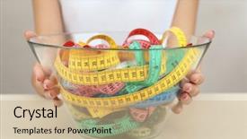  Presentation with large orchestra and tape recorder - Amazing theme having portion control - woman holding bowl with measuring backdrop and a coral colored foreground